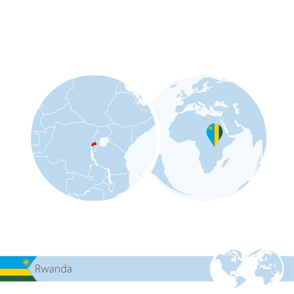 Rwanda on world globe with flag and regional map of Rwanda. vector