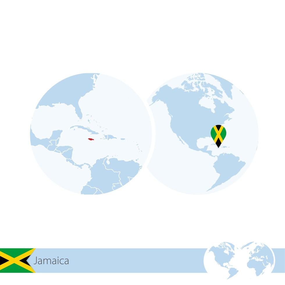 Jamaica on world globe with flag and regional map of Jamaica. vector