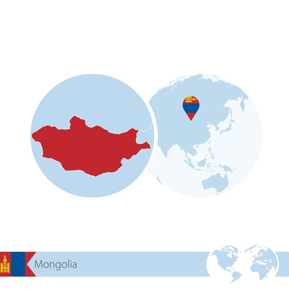 Mongolia on world globe with flag and regional map of Mongolia. vector