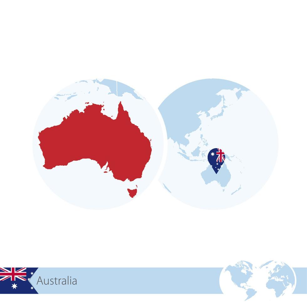 Australia on world globe with flag and regional map of Australia. vector