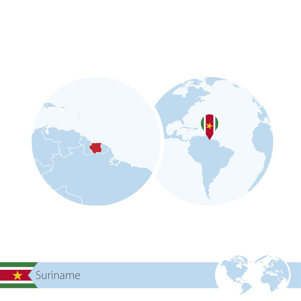 Suriname on world globe with flag and regional map of Suriname. vector