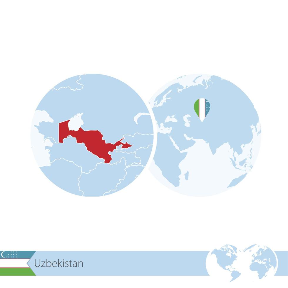 uzbekistán en el globo terráqueo con bandera y mapa regional de uzbekistán. vector