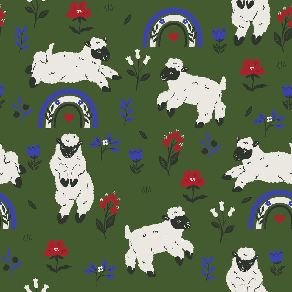 Seamless pattern with cute sheep, flowers and rainbows. Vector graphics.