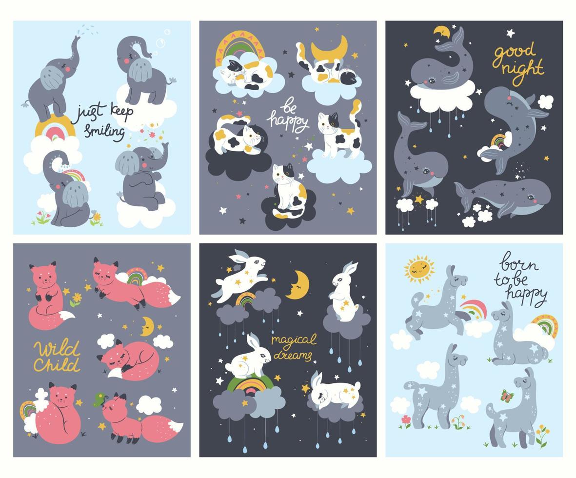 A set of posters for the nursery with cute animals. Vector graphics.