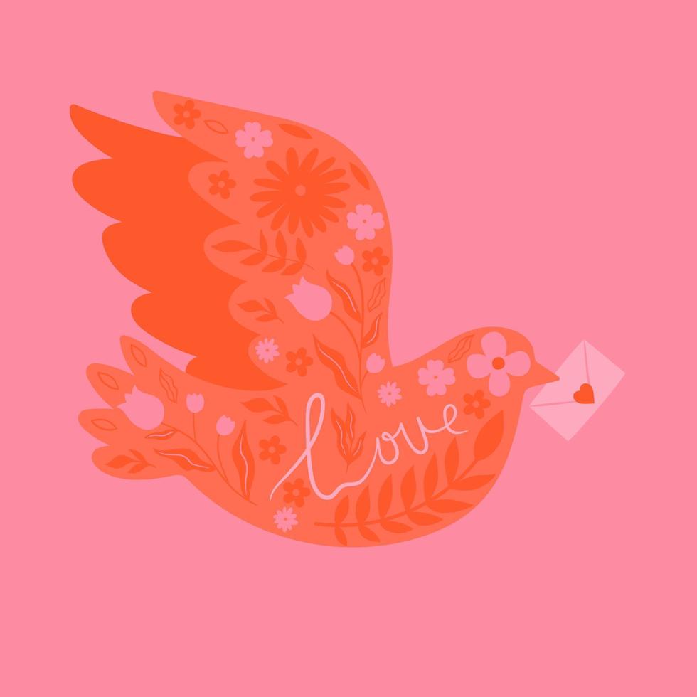 Valentine's day postcard with envelope carrier dove. Vector graphics.