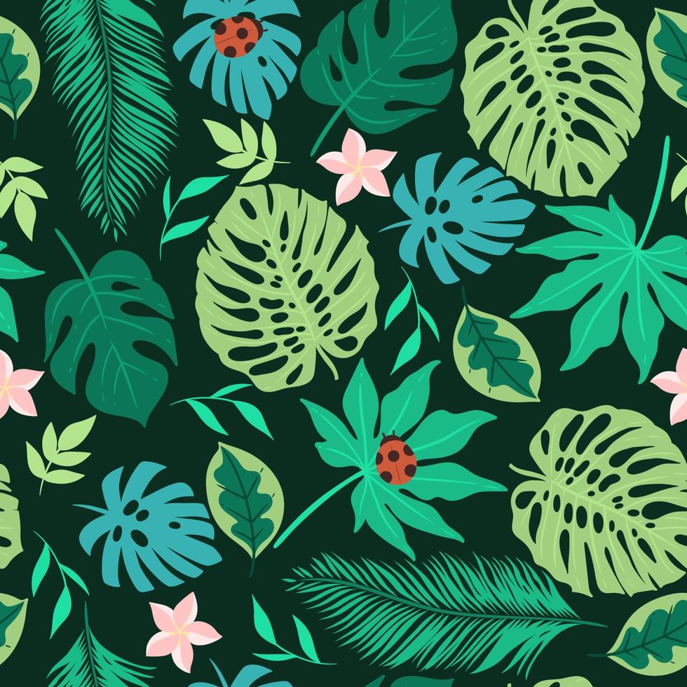 Simple tropical seamless pattern with leaves, flowers and ladybirds. Vector graphics.