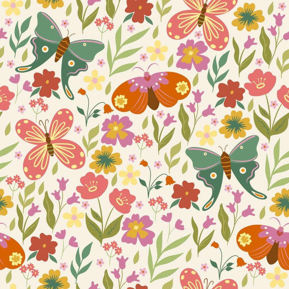 Seamless pattern with butterflies and flowers. Vector graphics.