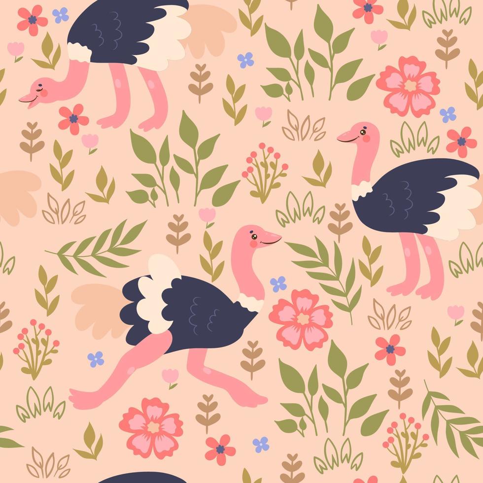 Seamless pattern with ostriches and flowers. Vector graphics.