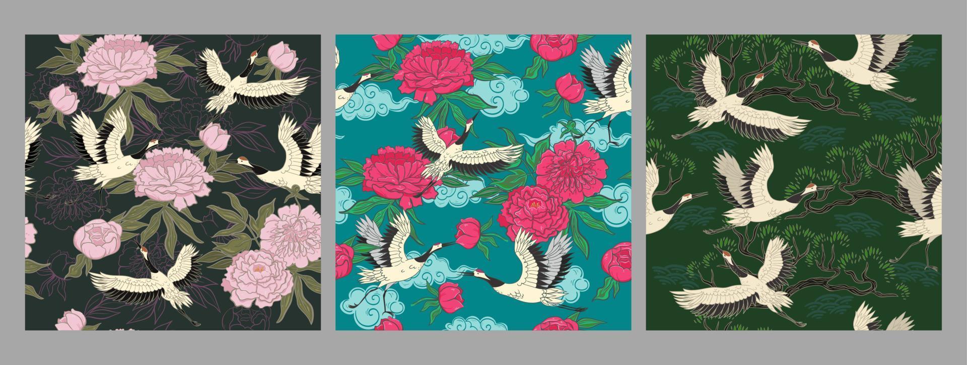 Set of seamless patterns with cranes and peonies. Vector graphics.