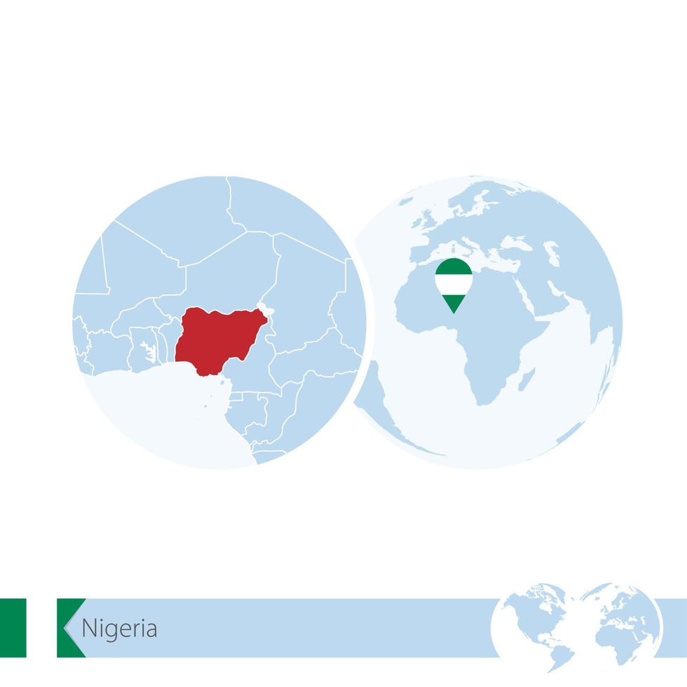 nigeria en globo terráqueo con bandera y mapa regional de nigeria. vector