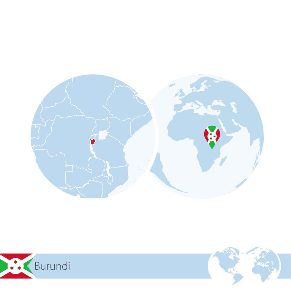 Burundi on world globe with flag and regional map of Burundi. vector