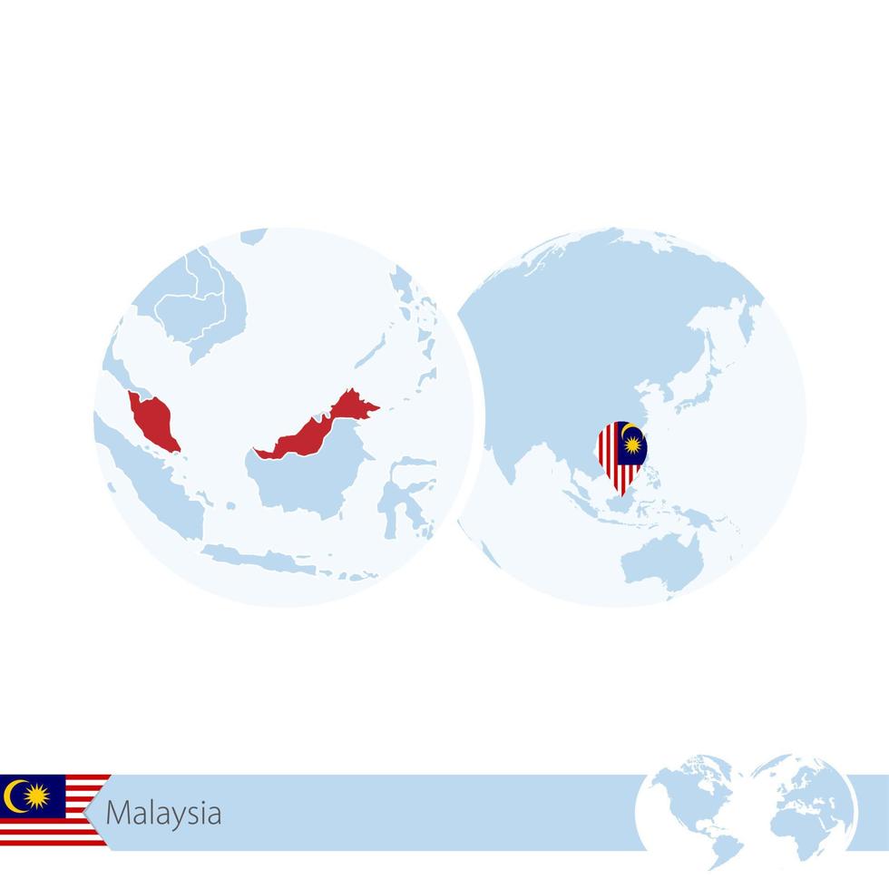 malasia en el globo terráqueo con bandera y mapa regional de malasia. vector