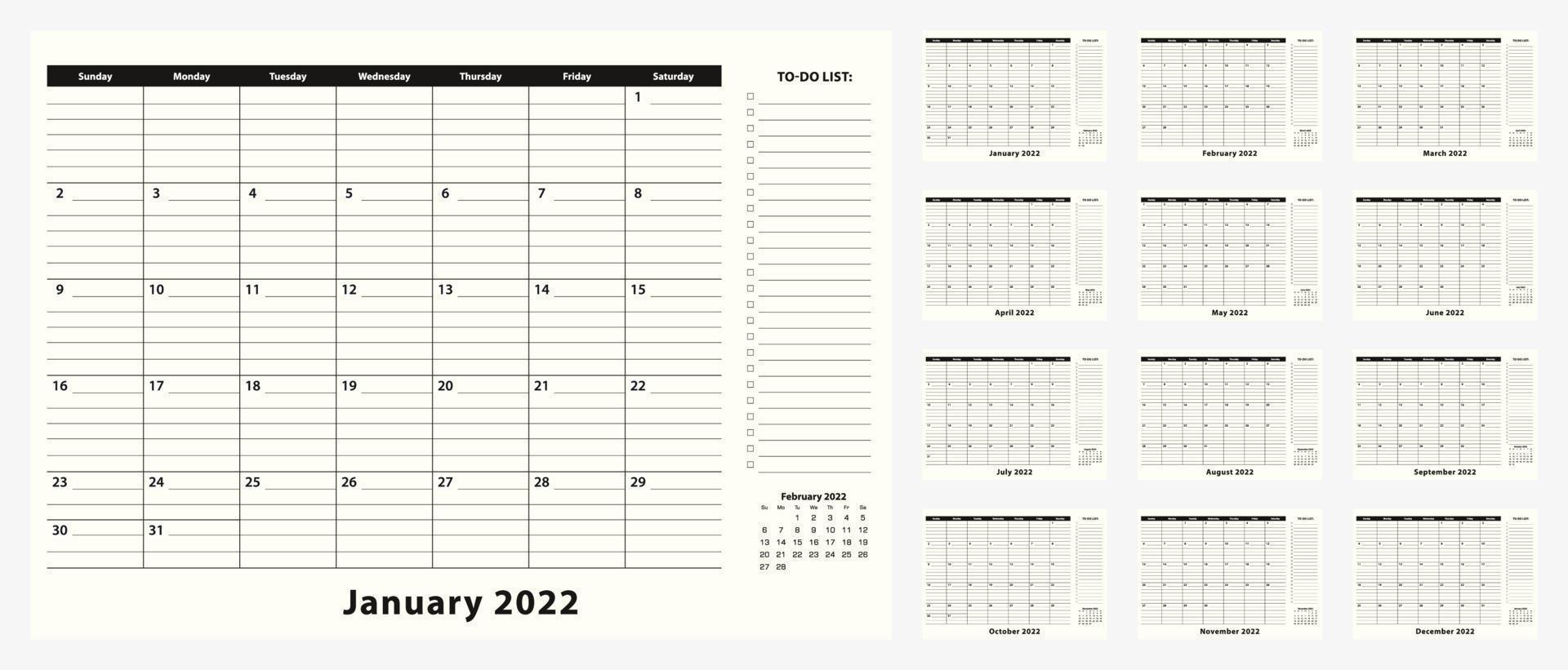 calendario mensual de escritorio de negocios para el año 2022, 12 meses. vector