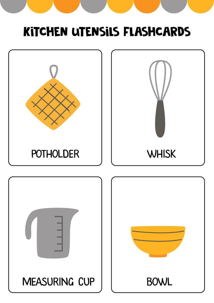 utensilios de cocina dibujados a mano con nombres. tarjetas para niños. vector