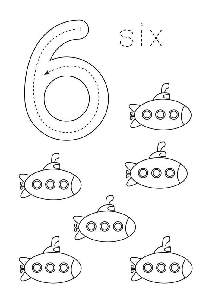 Flashcard number 6. Preschool worksheet. Black and white transport