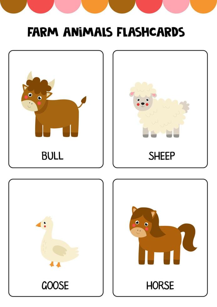 Cute cartoon farm animals with names. Flashcards for children. vector