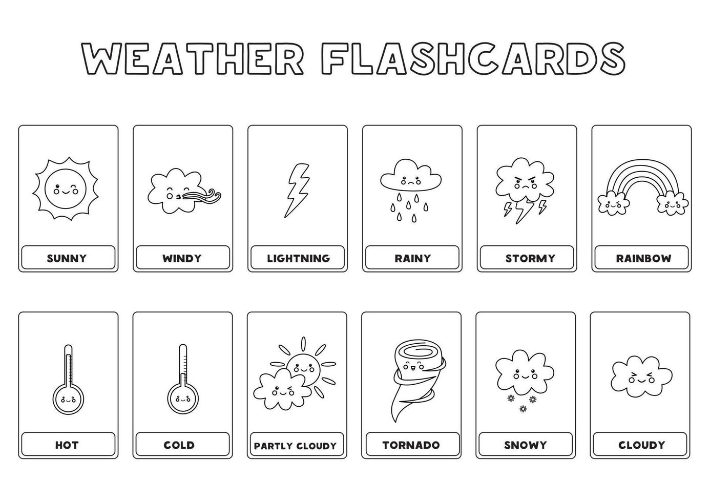 Tarjetas meteorológicas en blanco y negro para niños. vector