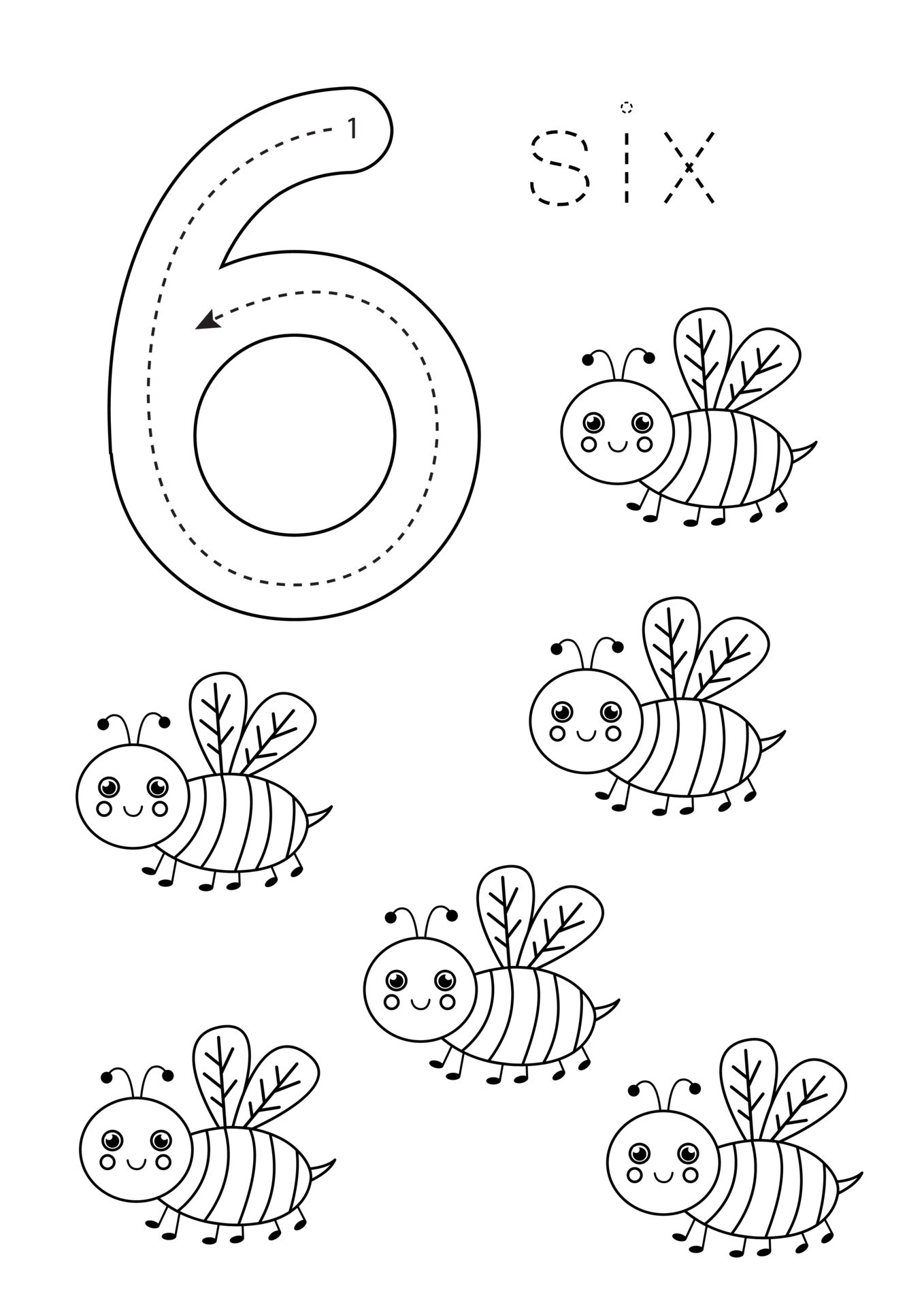 Flashcard number 6. Preschool worksheet. Black and white bees. 9282215