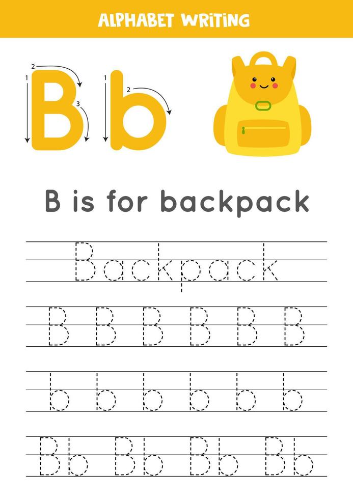 aprender el alfabeto inglés para niños. letra b. linda mochila kawaii. vector