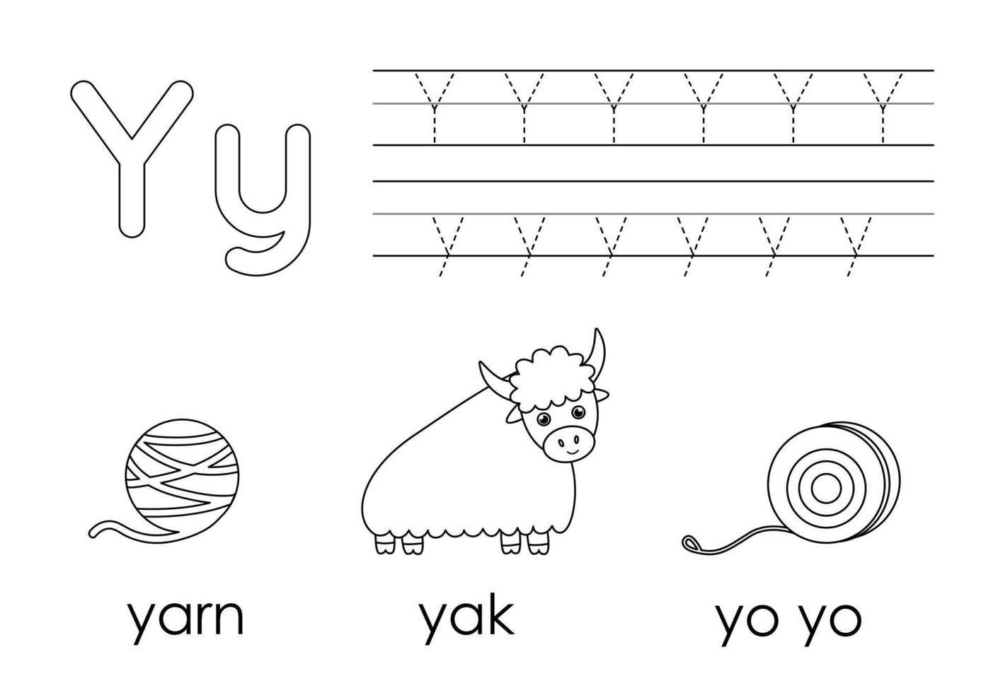 Learning English alphabet for kids. Letter Y. Coloring book. vector