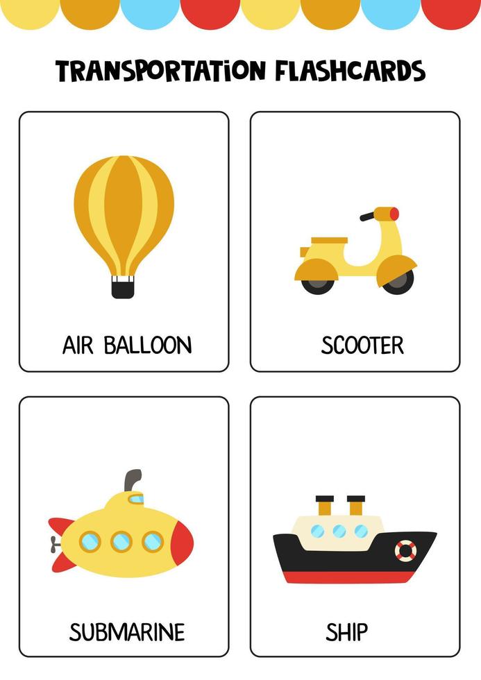 Cute cartoon transportation means with names. Flashcards for children. vector
