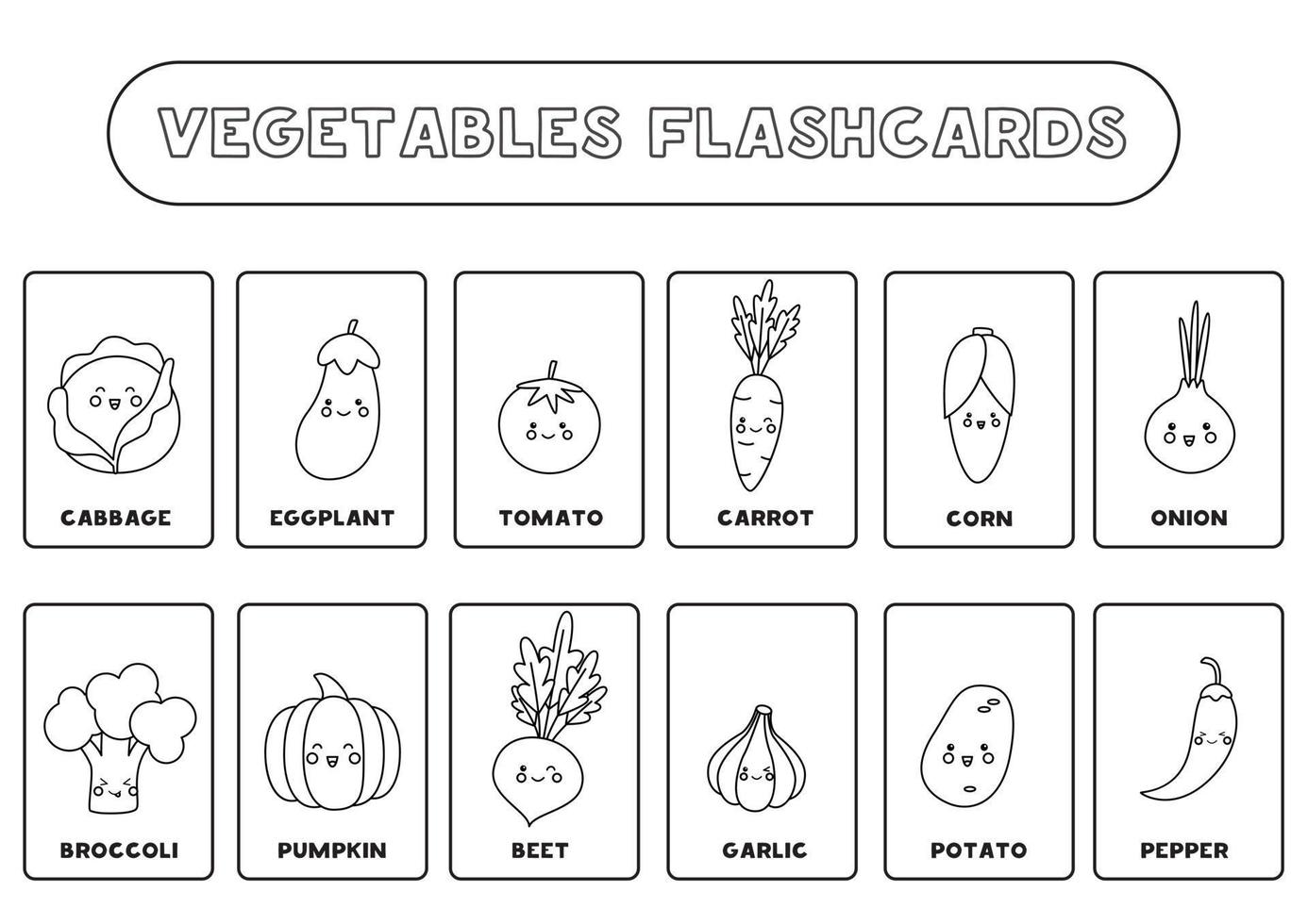 Black and white vegetables flashcards for kids. vector