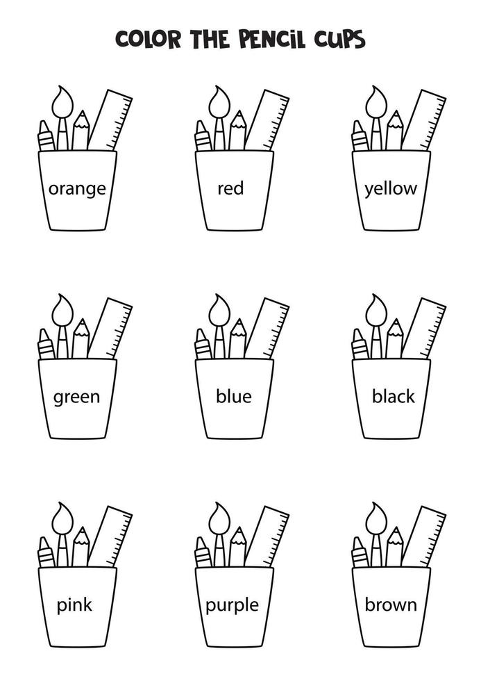 Read names of colors and color pencil cups. Educational worksheet. vector