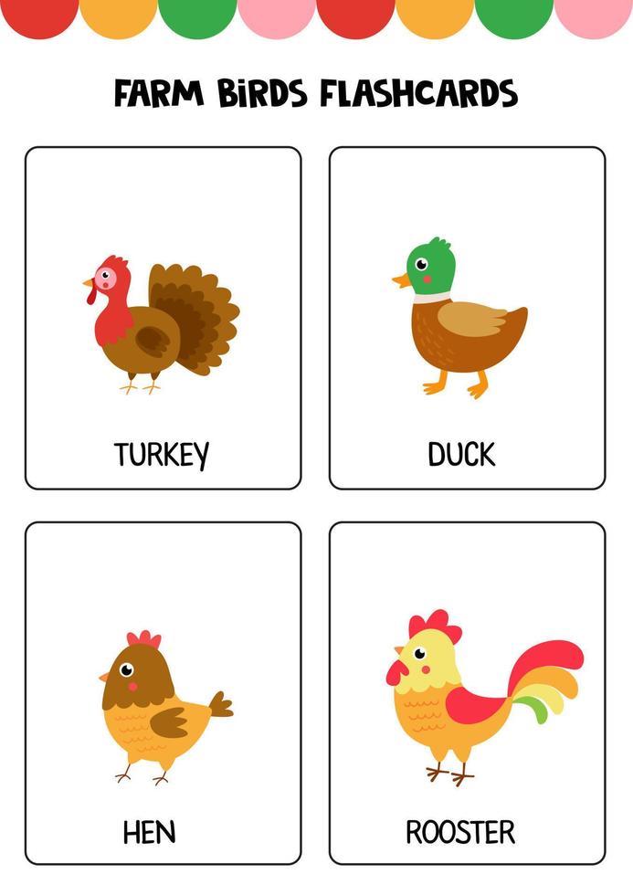 Cute cartoon farm animals with names. Flashcards for children. vector