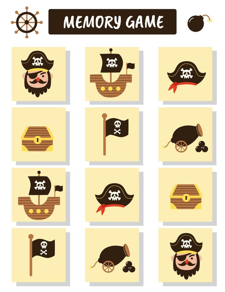 Educational memory game for children, vector cards with cute pirate elements.