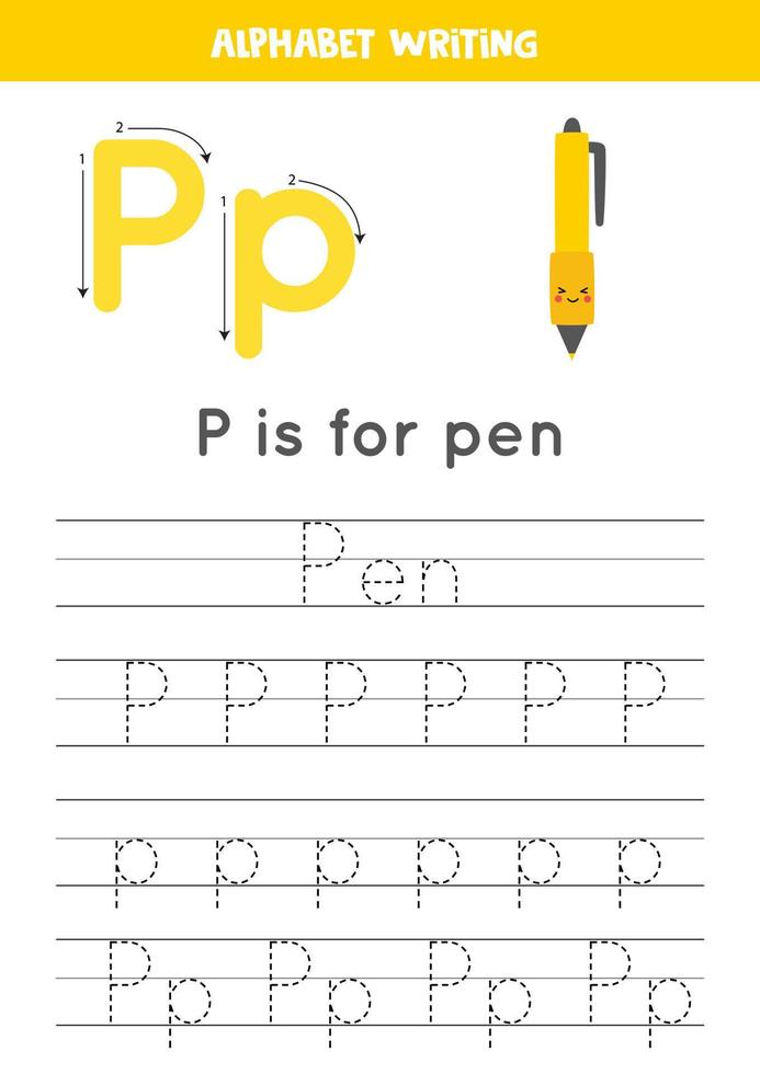 aprender el alfabeto inglés para niños. letra p. lindo bolígrafo kawaii. vector