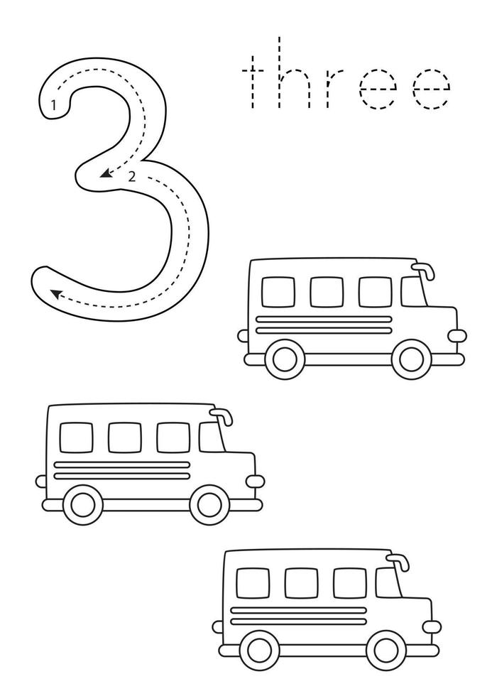 Flashcard number 3. Preschool worksheet. Black and white transport. vector