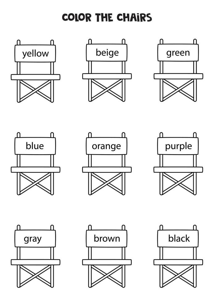 Read names of colors and color camping chairs. Educational worksheet. vector