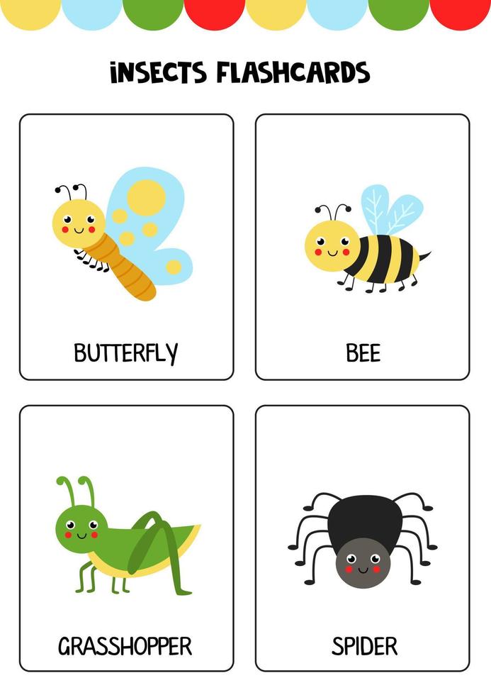 Cute cartoon insects with names. Flashcards for children. vector