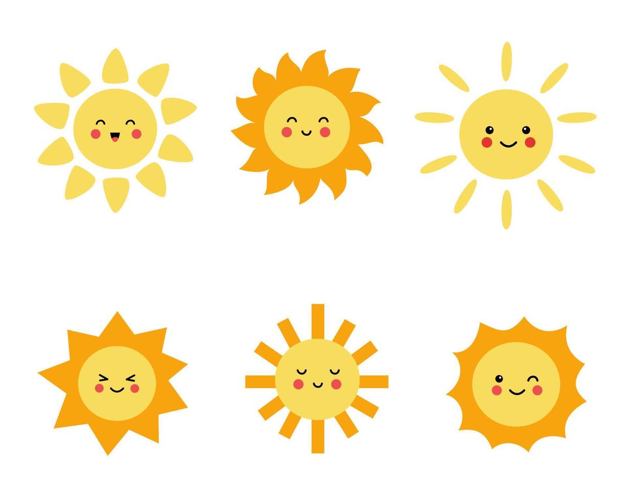 Set of cute suns in cartoon style. vector