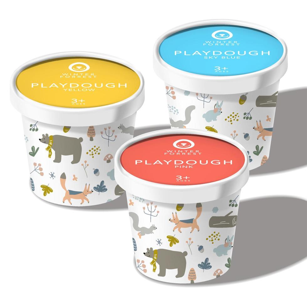 Vector Play Dough, Ice Cream, Snack or Toys Recyclable Paper Cup or Jar Package, Winter Forrest Animals Theme Printed