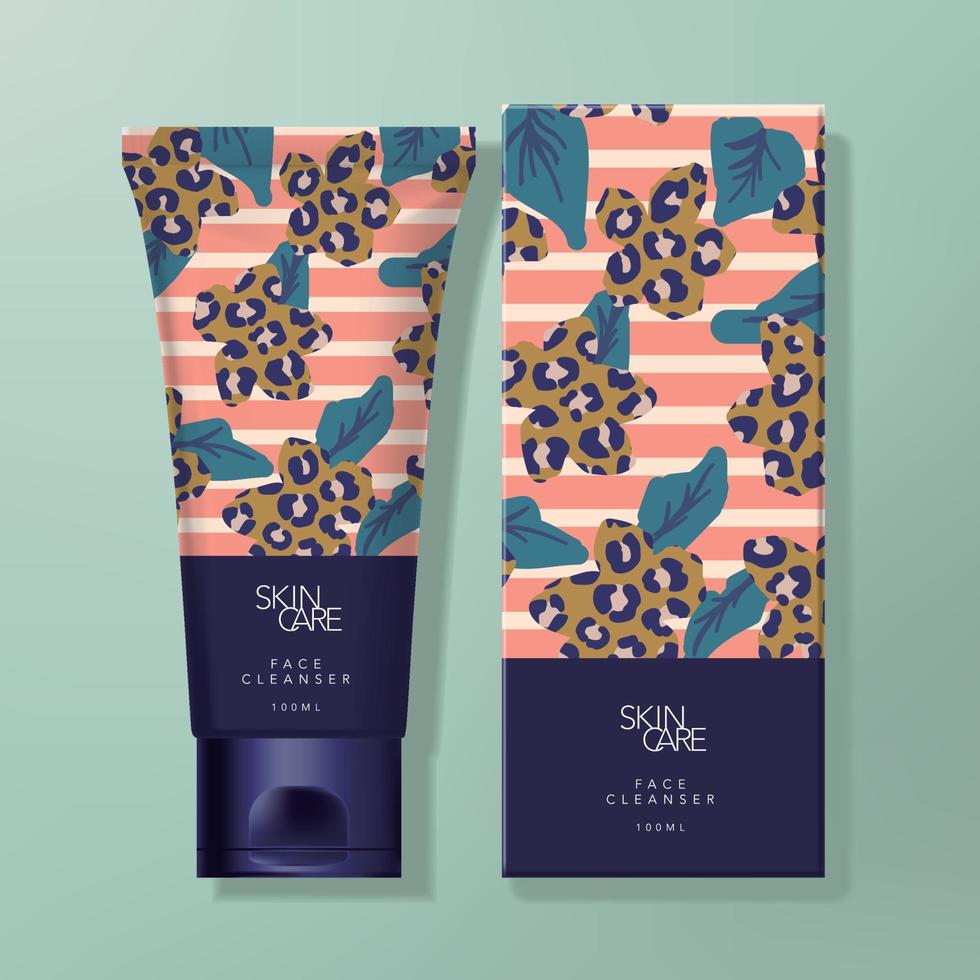 Vector Hand Cream or Cleanser Tube and Carton Box Packaging with Trendy Abstract Pattern Design
