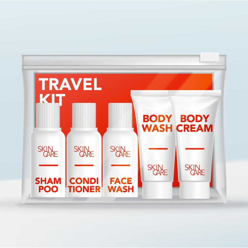 Vector Travel Mini Tubes and Bottles Toiletries Set in Clear Plastic Zip Lock Bag with Orange Backing Card.