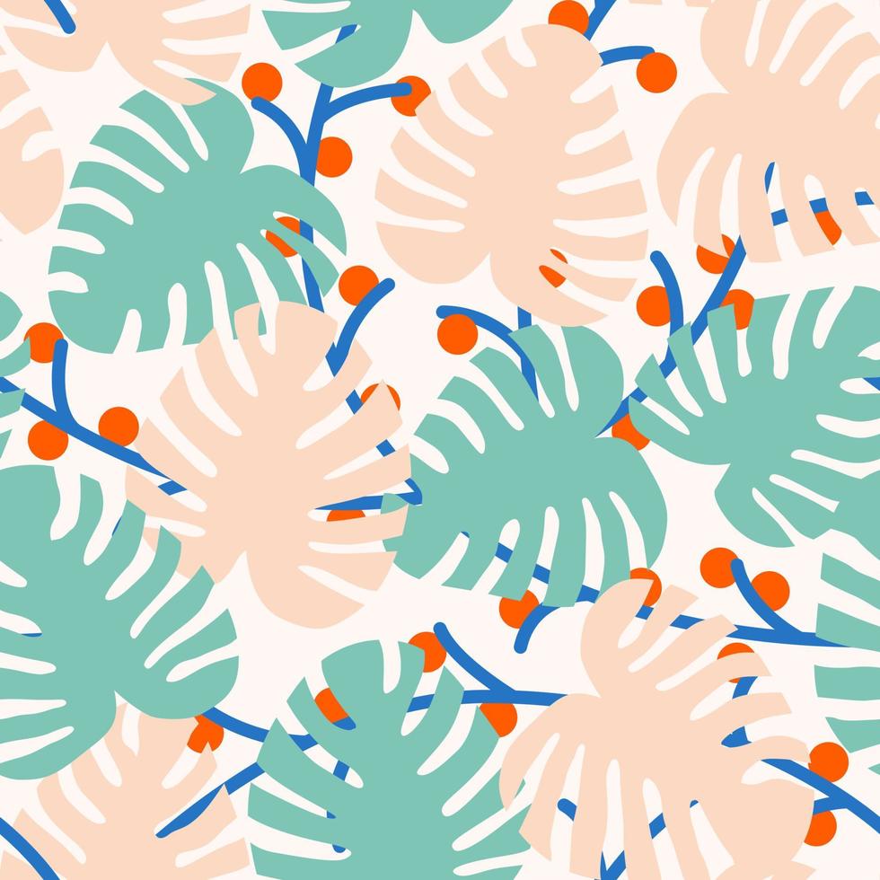 Vector Seasonal Abstract Tropical Palm Leaves Pattern, Pastel Pink and Blue.