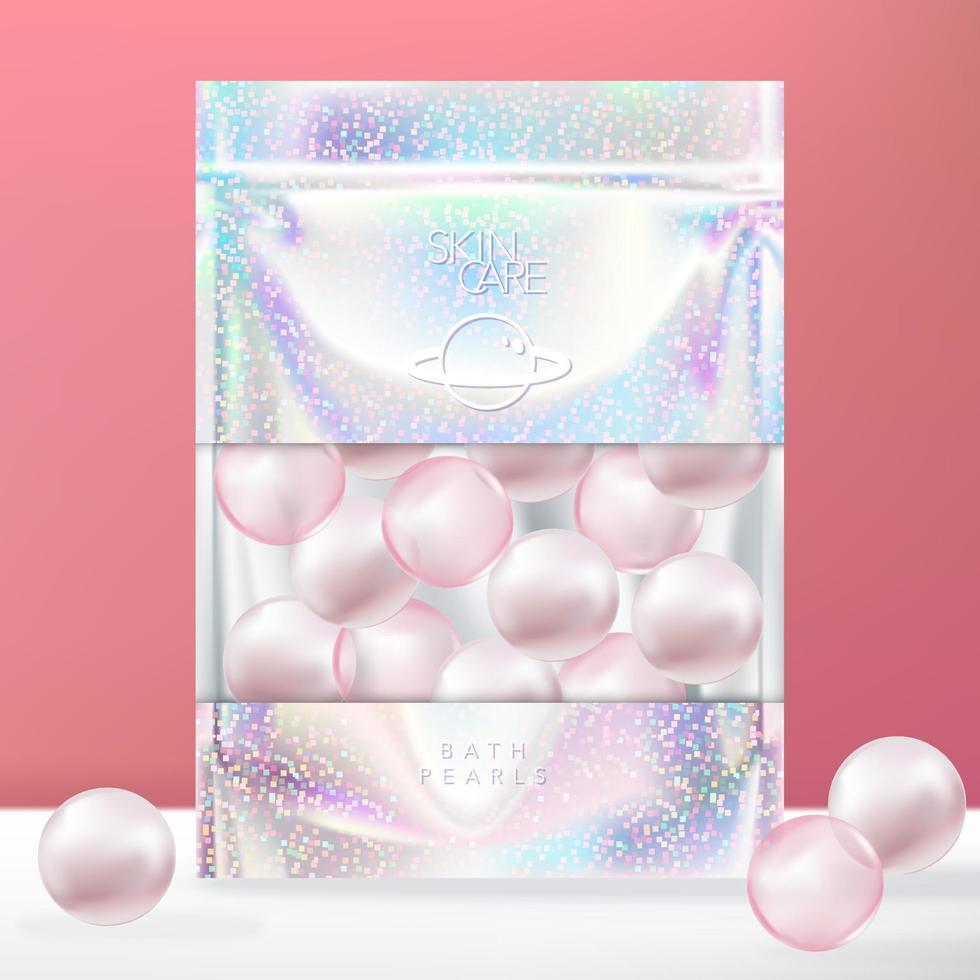 Vector Trendy Glitter Holographic Zip Lock Sachet, Pouch or Packet Packaging with Clear Window. Pink Bath Pearl.