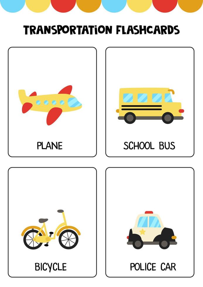 Cute cartoon transportation means with names. Flashcards for children. vector