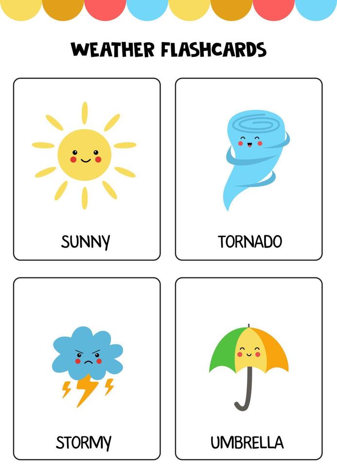 Cute cartoon weather elements with names. Flashcards for children. vector