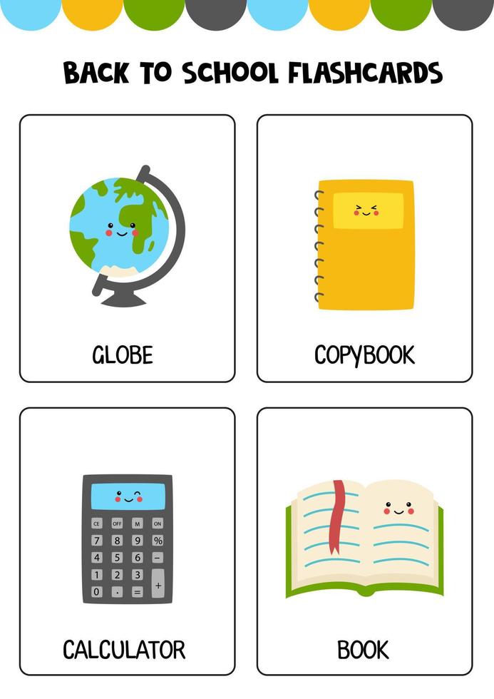 Cute cartoon school supplies with names. Flashcards for children. vector