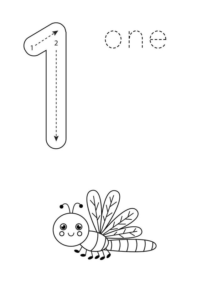 Flashcard number 1. Preschool worksheet. Black and white dragonfly. vector