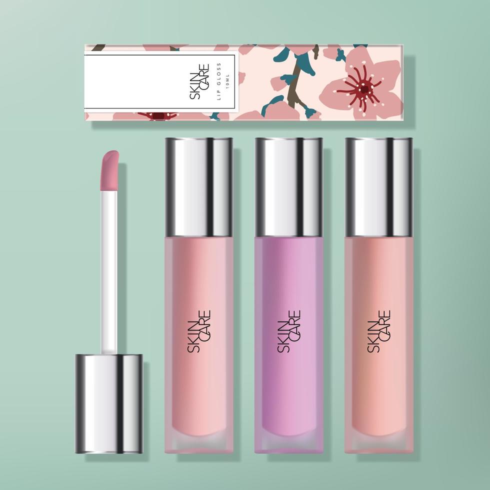Vector Transparent Frosted Plastic Lip Gloss Packaging with Gloss Silver Plated Applicator Cap. Sakura Printed Carton Box.