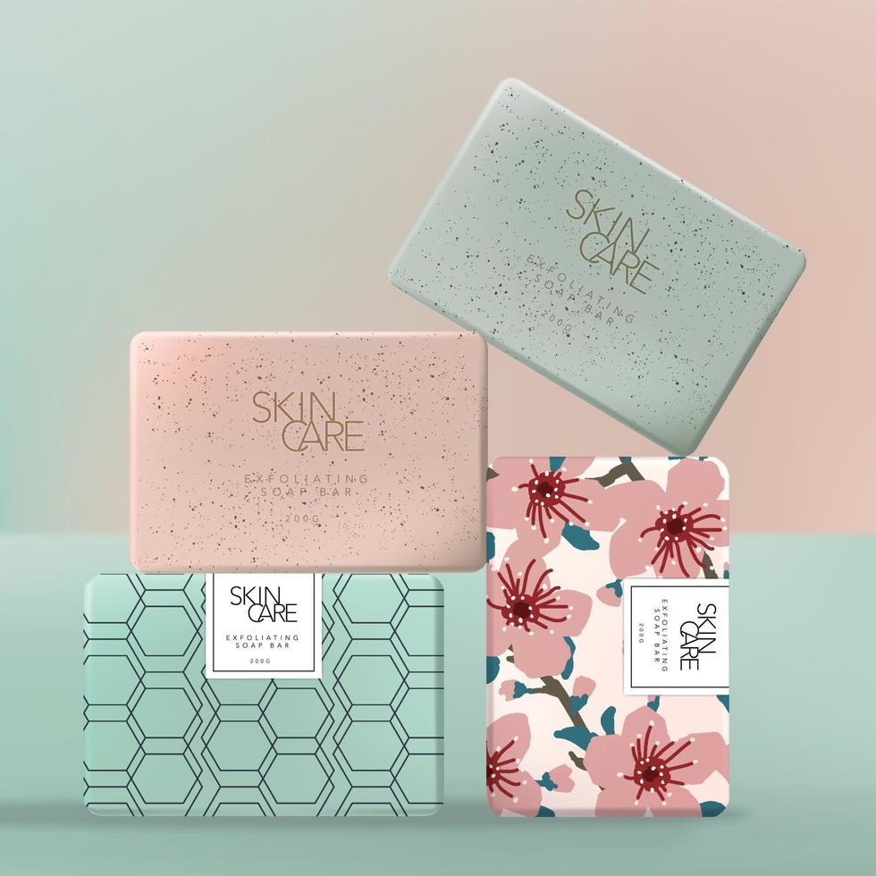 Vector Exfoliating or Scrubbing Soap Wrap Paper Packaging with Japanese Sakura Floral Blossom or Geometric Pattern. Pink and Green.