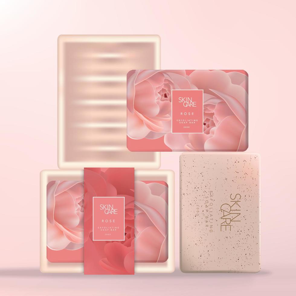 Vector Paper Wrapped Soap Bar with Pink Ceramic Dish, Rose Pattern Printed Sleeve Packaging
