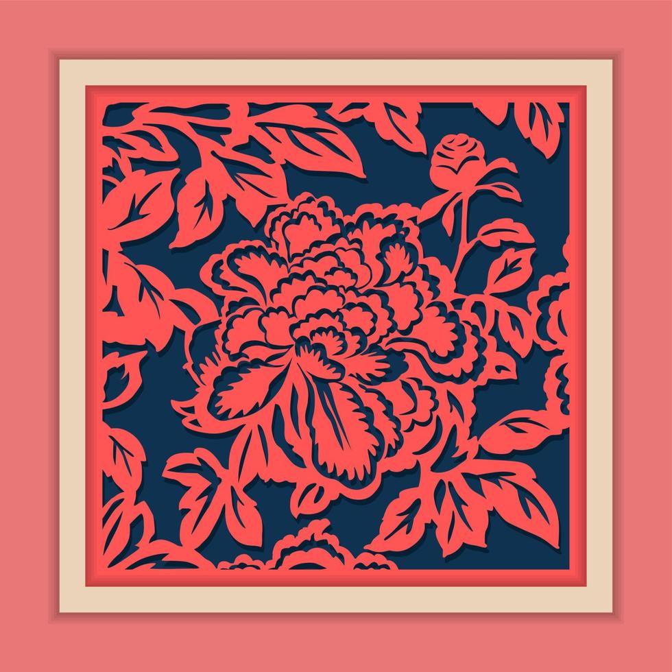 Vector Traditional Framed Chinese Paper Cutting Art, Classic Blue and Pink.