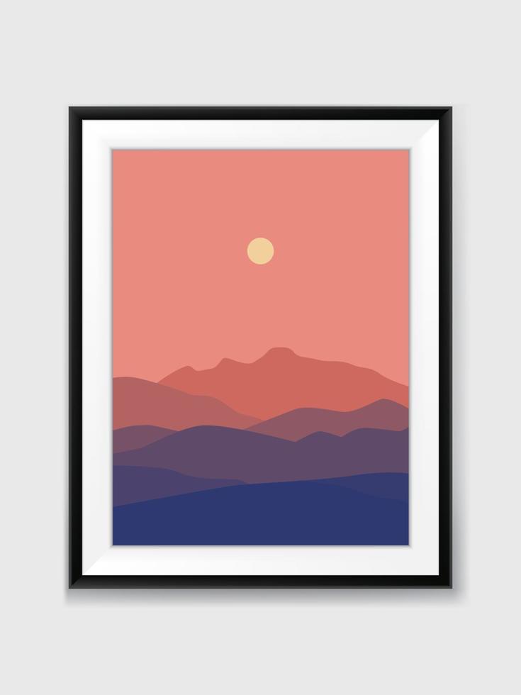 vector puesta de sol vista a la montaña paisaje pintura mínima en la pared con marco negro