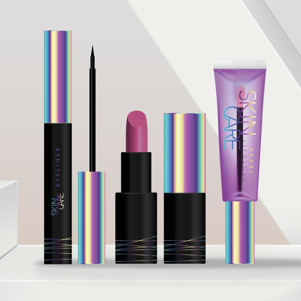 Vector Dark or Black Holographic Skincare or Beauty Cosmetics Make-up Packaging Set with Lipstick, Lip Gloss Tube and Eyeliner Packing. Minimal Geometric Platform Background.