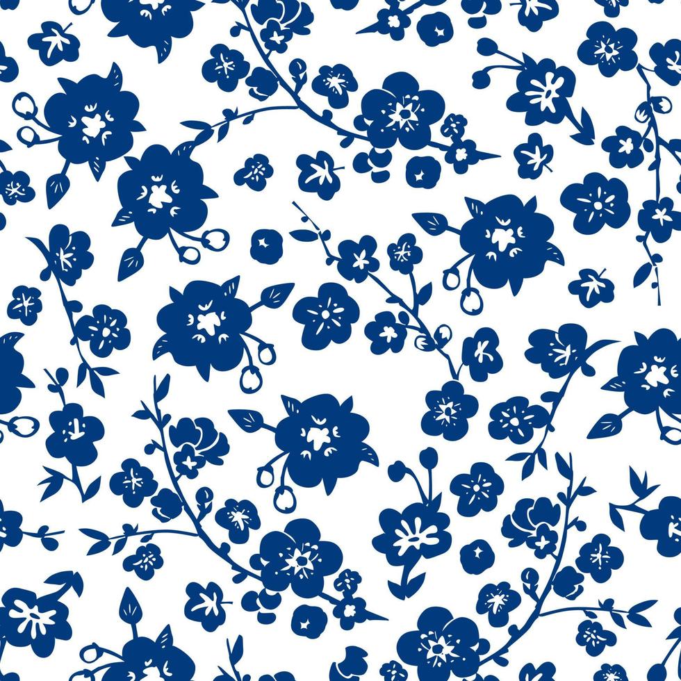 Vector Chinese Classic Blue Traditional Paper Cutting or Porcelain Seamless Spring Floral Blossom Pattern.